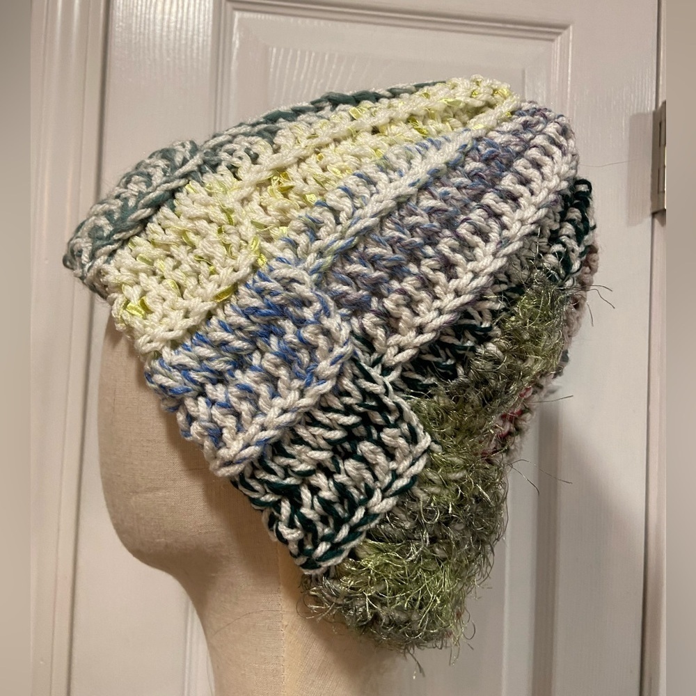 Handmade Crochet Chunky Ribbed Upcycled Multi Fiber Scrappy Yarn Beanie Hat